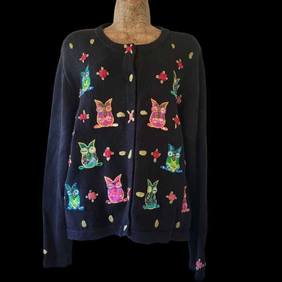 Vintage 90s Y2K Jack B Quick Sequined Beaded Novelty Owl Cardigan Sweater Top - Picture 1 of 16